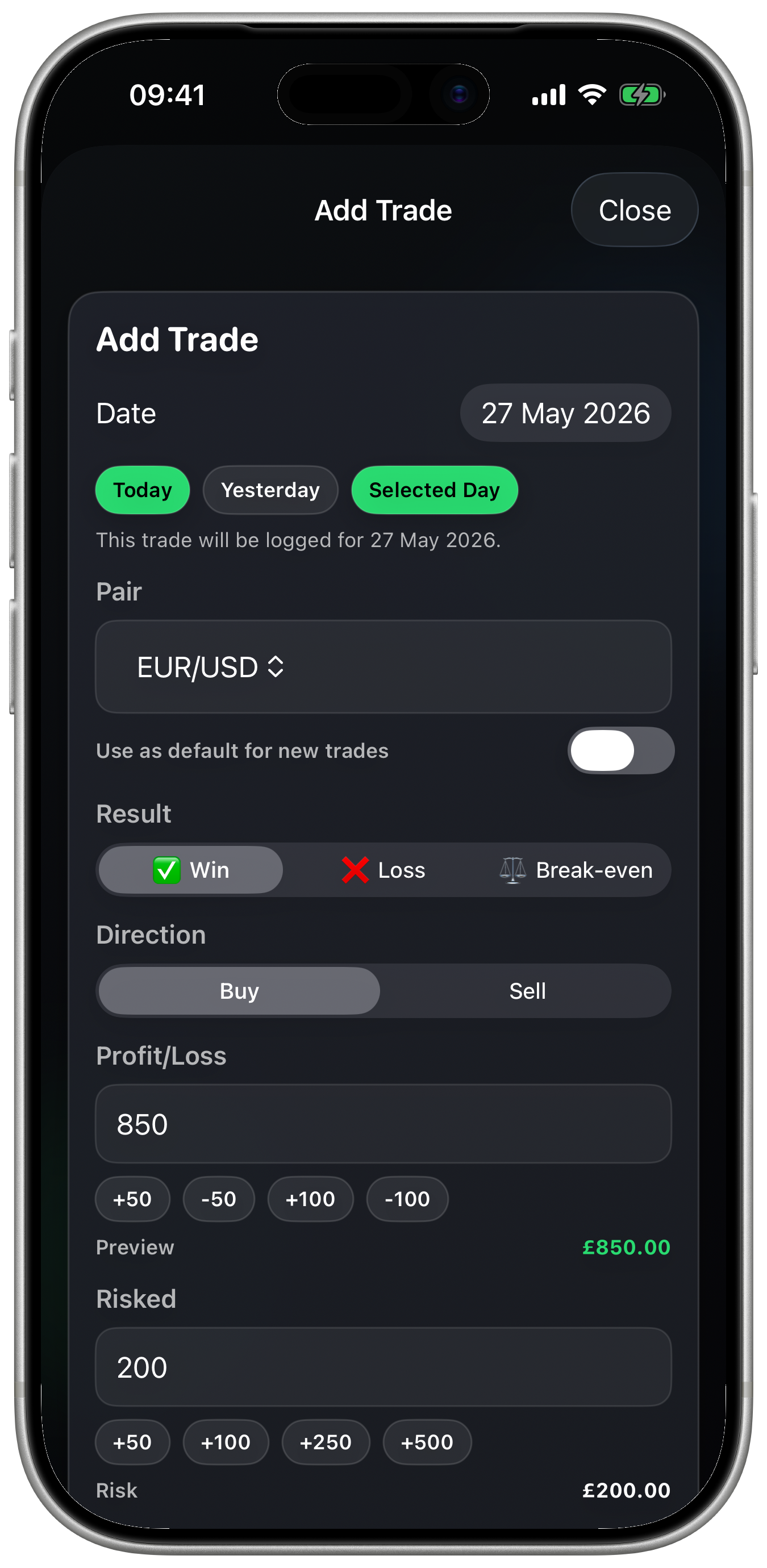 Midas Journal Log Trade screen inside official Apple iPhone 17 Pro
